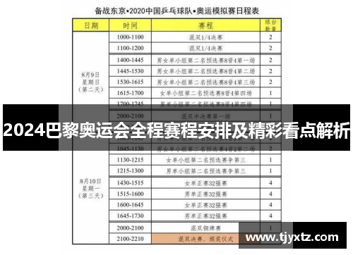 2024巴黎奥运会全程赛程安排及精彩看点解析